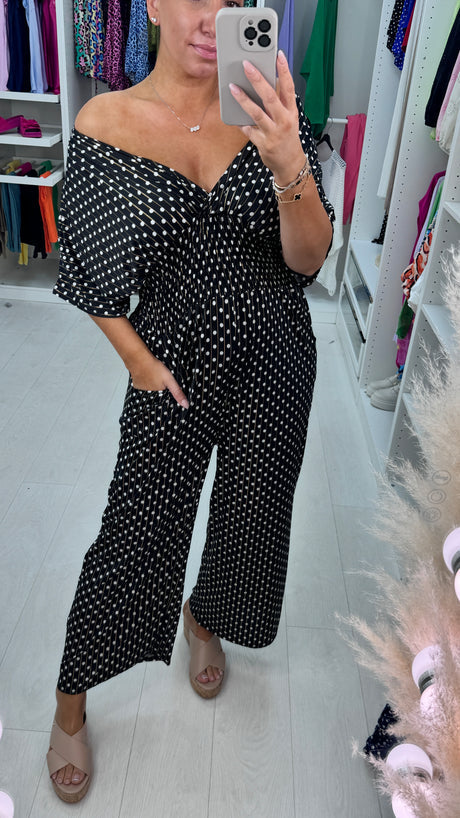 🌷💙  Jumpsuit med polkaprikket print og elastisk talje